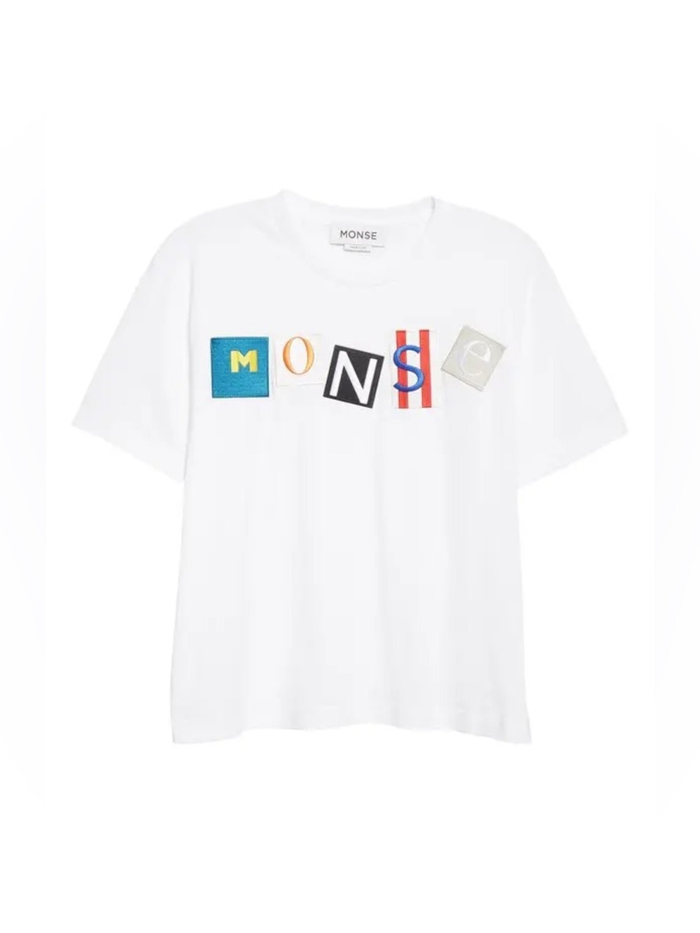 MONSE White Cotton Boxy Tee with Multicolor Patch Letters Size Medium